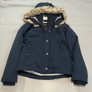 Hollister Ultimate Down Women Navy Blue Puffer Jacket Faux Fur Hood XS Y2K-XXXX